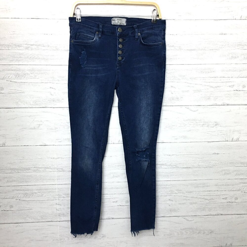 Free People Women's Skinny Jeans Button Fly Distressed Indigo Blue size 29